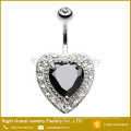 Elegante corazón negro claro Cubic Zirconia anillo de ombligo de acero quirúrgico 316L